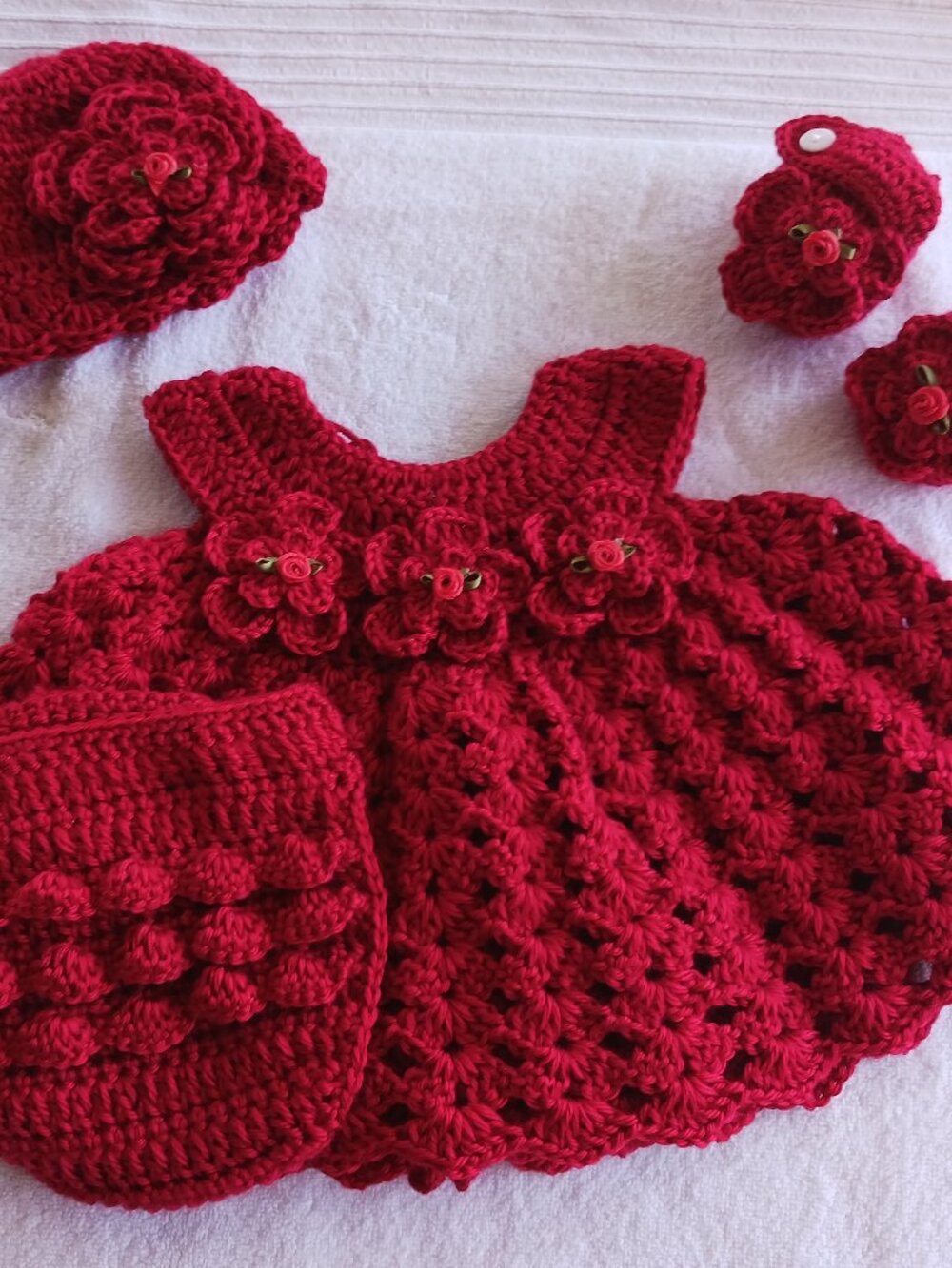 Crochet Baby Girl Red Rosebud Heirloom Dress Set Photo Prop